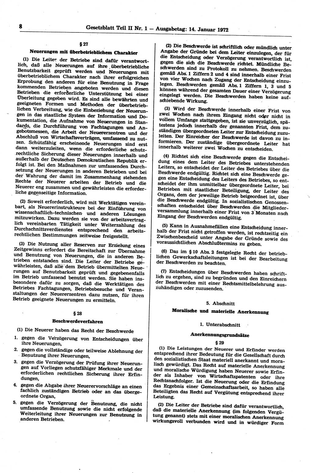 Gesetzblatt (GBl.) der Deutschen Demokratischen Republik (DDR) Teil ⅠⅠ 1972, Seite 8 (GBl. DDR ⅠⅠ 1972, S. 8)