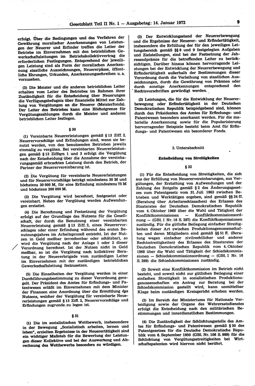 Gesetzblatt (GBl.) der Deutschen Demokratischen Republik (DDR) Teil ⅠⅠ 1972, Seite 9 (GBl. DDR ⅠⅠ 1972, S. 9)