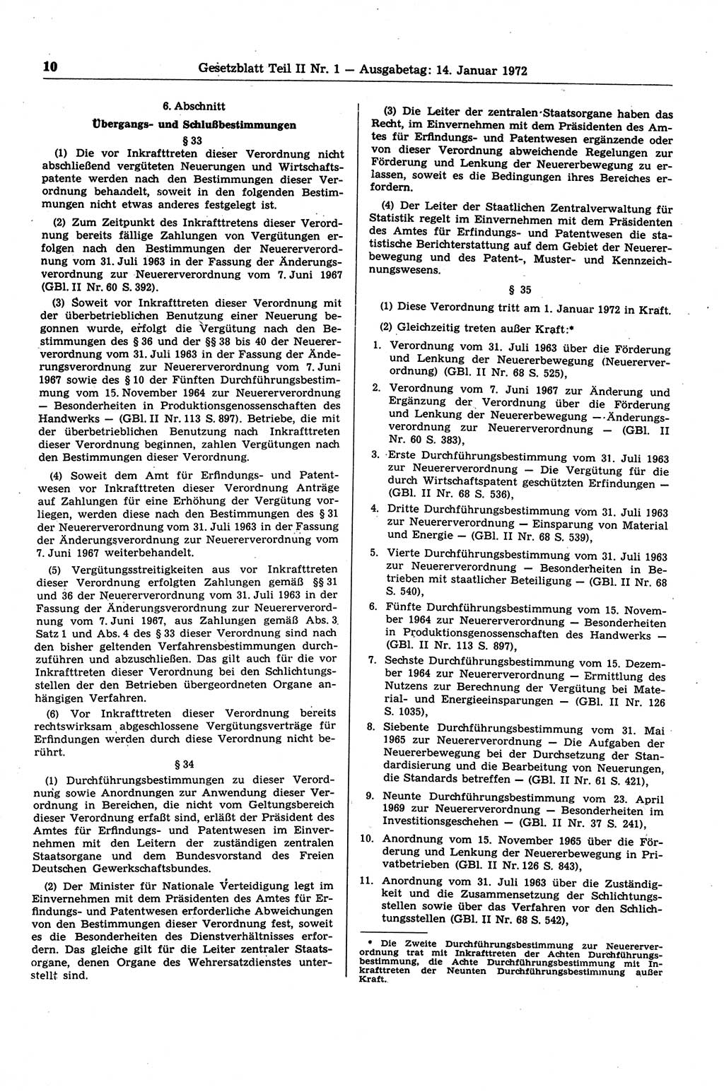 Gesetzblatt (GBl.) der Deutschen Demokratischen Republik (DDR) Teil ⅠⅠ 1972, Seite 10 (GBl. DDR ⅠⅠ 1972, S. 10)