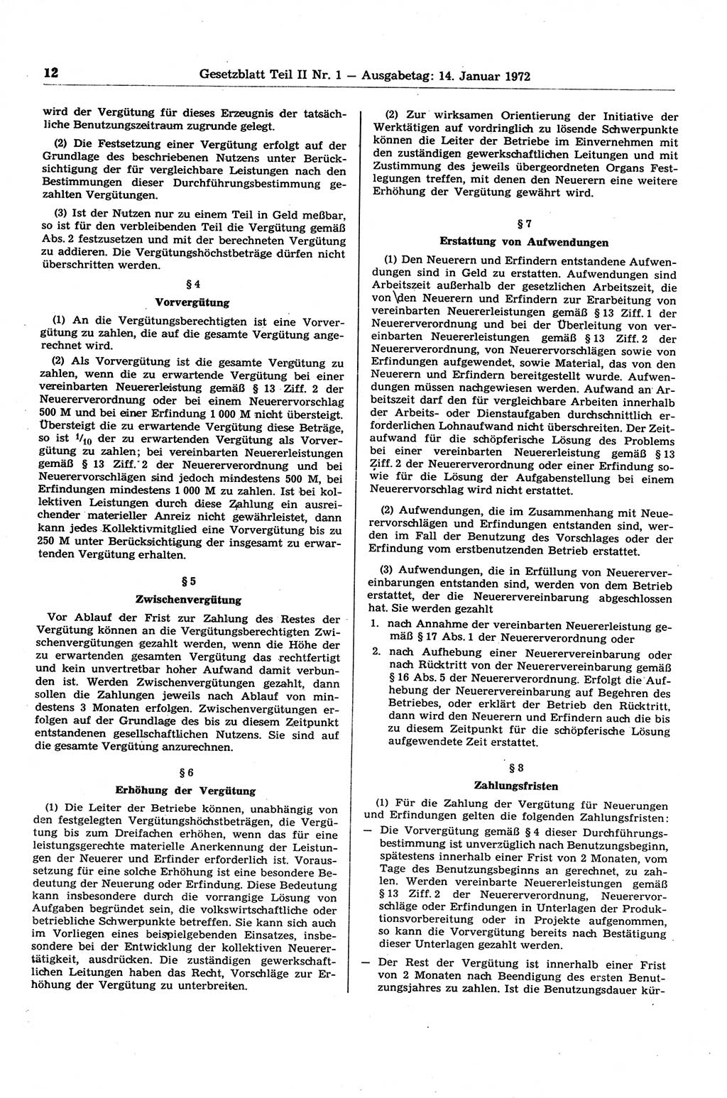 Gesetzblatt (GBl.) der Deutschen Demokratischen Republik (DDR) Teil ⅠⅠ 1972, Seite 12 (GBl. DDR ⅠⅠ 1972, S. 12)