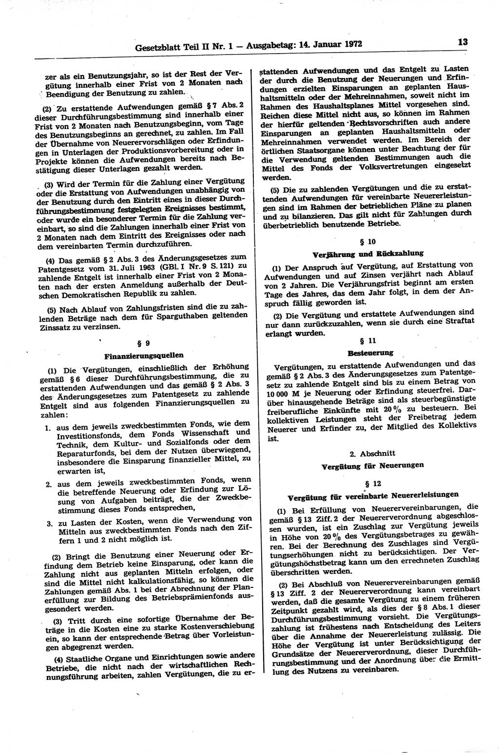 Gesetzblatt (GBl.) der Deutschen Demokratischen Republik (DDR) Teil ⅠⅠ 1972, Seite 13 (GBl. DDR ⅠⅠ 1972, S. 13)