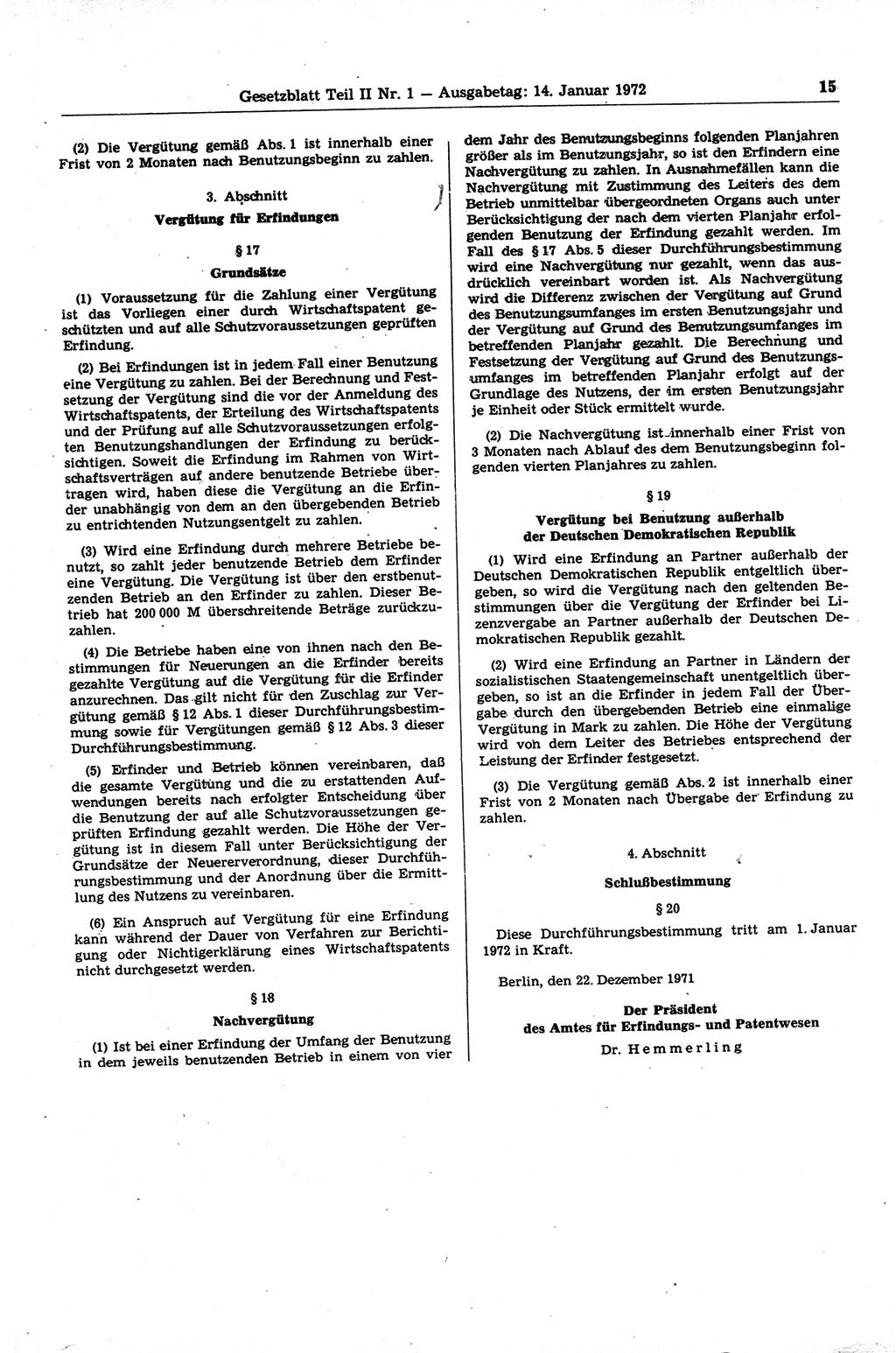 Gesetzblatt (GBl.) der Deutschen Demokratischen Republik (DDR) Teil ⅠⅠ 1972, Seite 15 (GBl. DDR ⅠⅠ 1972, S. 15)