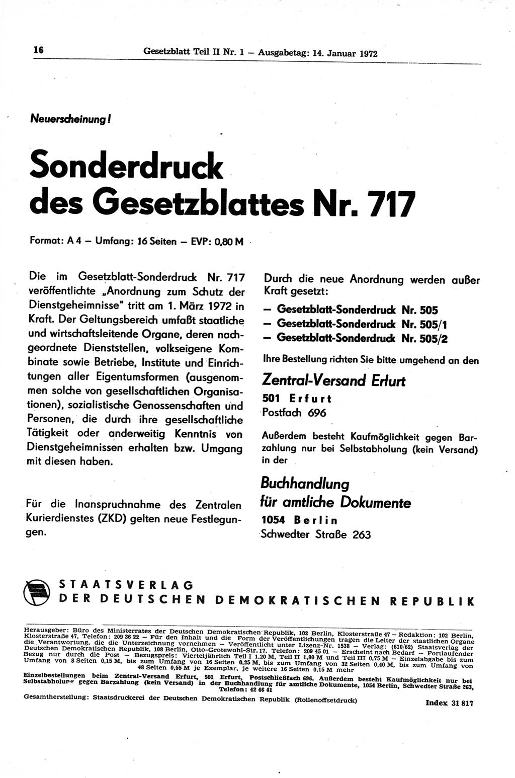 Gesetzblatt (GBl.) der Deutschen Demokratischen Republik (DDR) Teil ⅠⅠ 1972, Seite 16 (GBl. DDR ⅠⅠ 1972, S. 16)