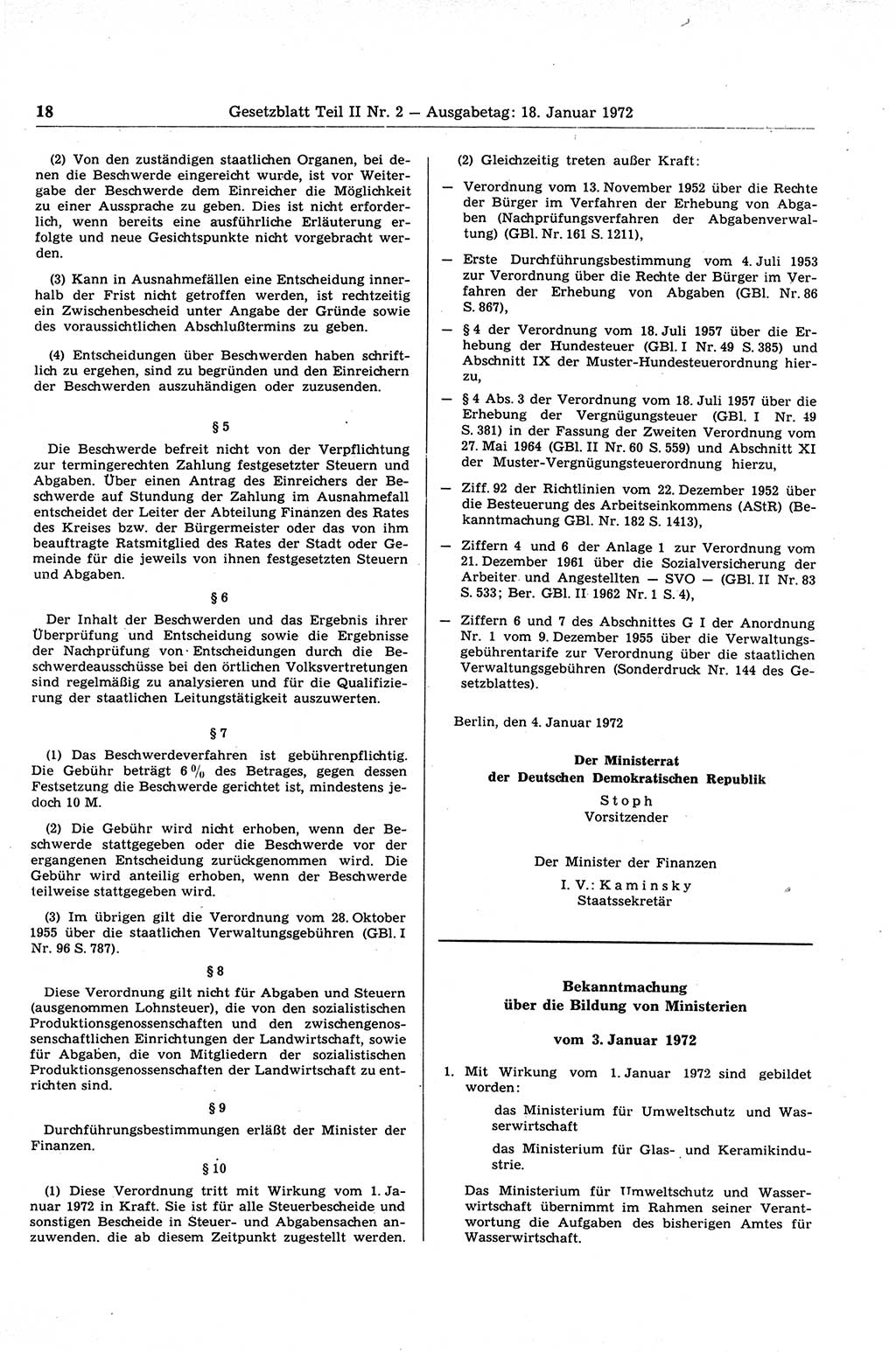 Gesetzblatt (GBl.) der Deutschen Demokratischen Republik (DDR) Teil ⅠⅠ 1972, Seite 18 (GBl. DDR ⅠⅠ 1972, S. 18)