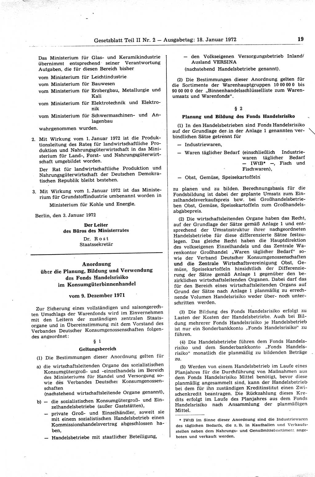 Gesetzblatt (GBl.) der Deutschen Demokratischen Republik (DDR) Teil ⅠⅠ 1972, Seite 19 (GBl. DDR ⅠⅠ 1972, S. 19)