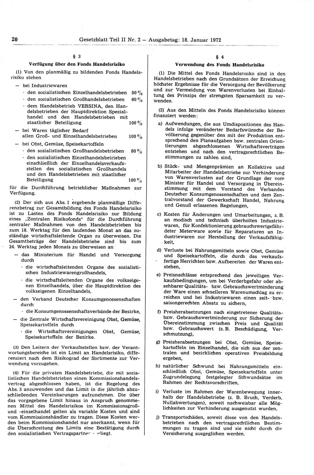 Gesetzblatt (GBl.) der Deutschen Demokratischen Republik (DDR) Teil ⅠⅠ 1972, Seite 20 (GBl. DDR ⅠⅠ 1972, S. 20)