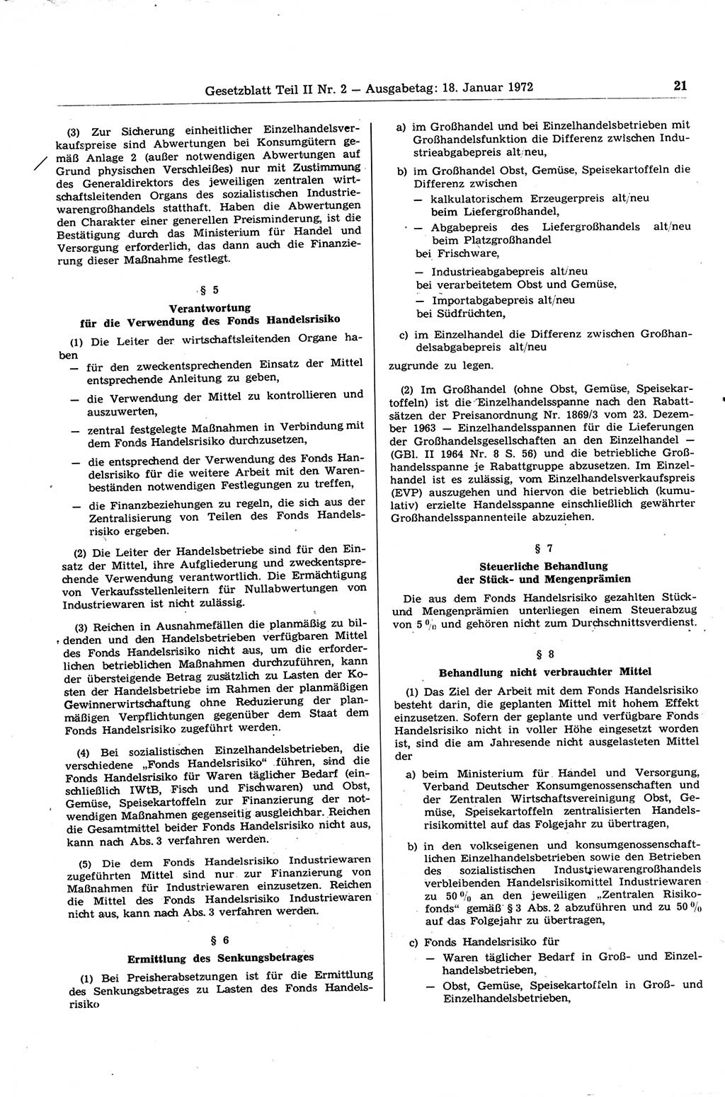 Gesetzblatt (GBl.) der Deutschen Demokratischen Republik (DDR) Teil ⅠⅠ 1972, Seite 21 (GBl. DDR ⅠⅠ 1972, S. 21)