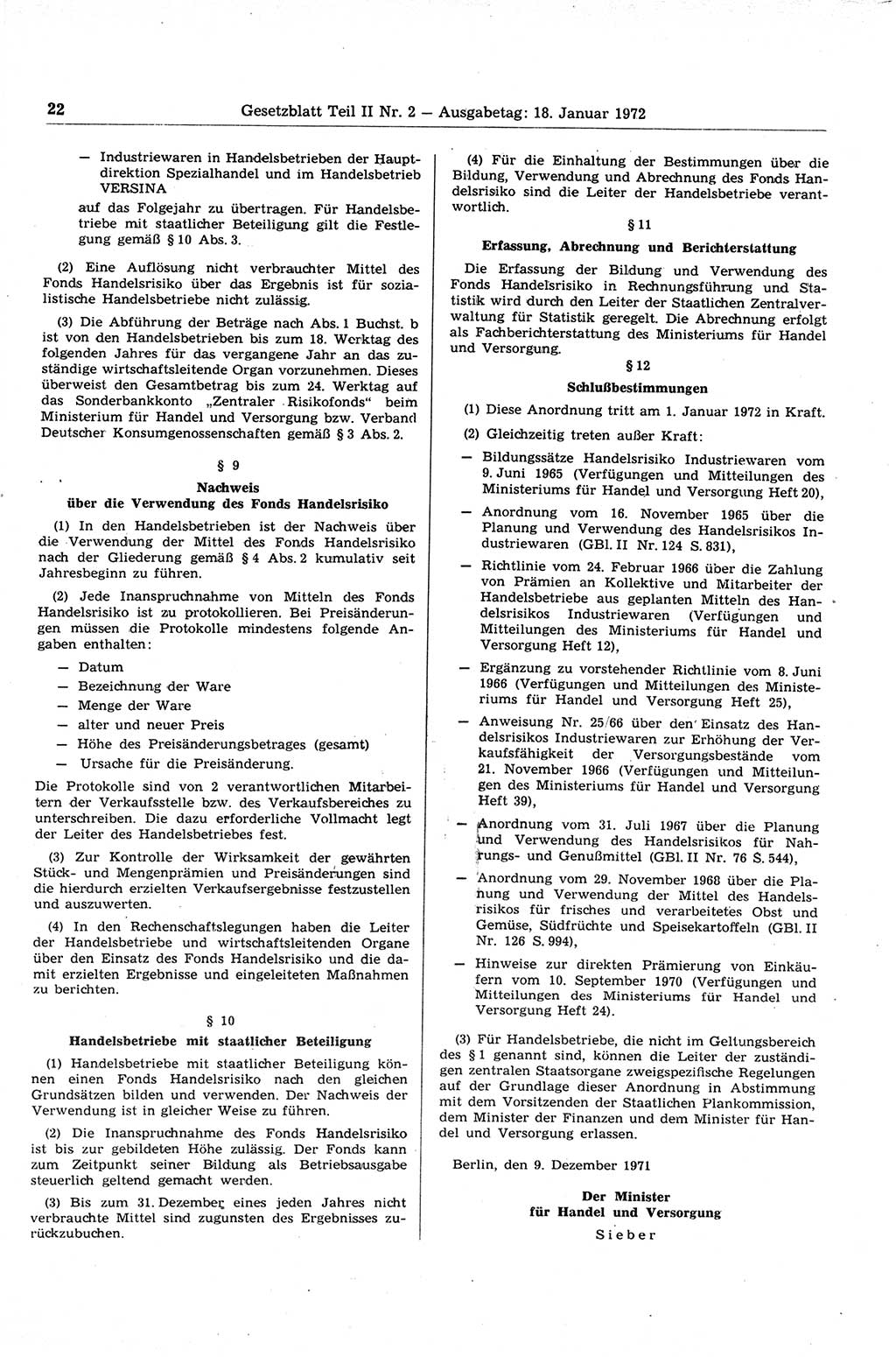 Gesetzblatt (GBl.) der Deutschen Demokratischen Republik (DDR) Teil ⅠⅠ 1972, Seite 22 (GBl. DDR ⅠⅠ 1972, S. 22)
