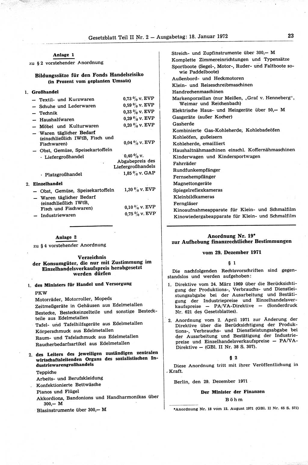 Gesetzblatt (GBl.) der Deutschen Demokratischen Republik (DDR) Teil ⅠⅠ 1972, Seite 23 (GBl. DDR ⅠⅠ 1972, S. 23)