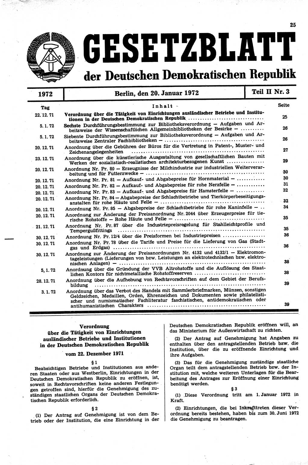 Gesetzblatt (GBl.) der Deutschen Demokratischen Republik (DDR) Teil ⅠⅠ 1972, Seite 25 (GBl. DDR ⅠⅠ 1972, S. 25)