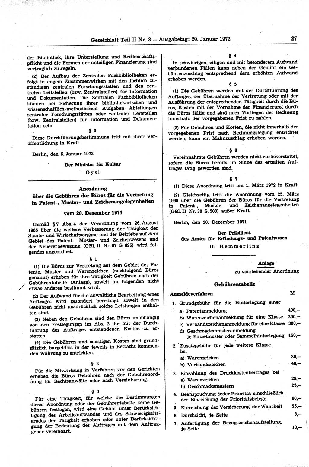 Gesetzblatt (GBl.) der Deutschen Demokratischen Republik (DDR) Teil ⅠⅠ 1972, Seite 27 (GBl. DDR ⅠⅠ 1972, S. 27)
