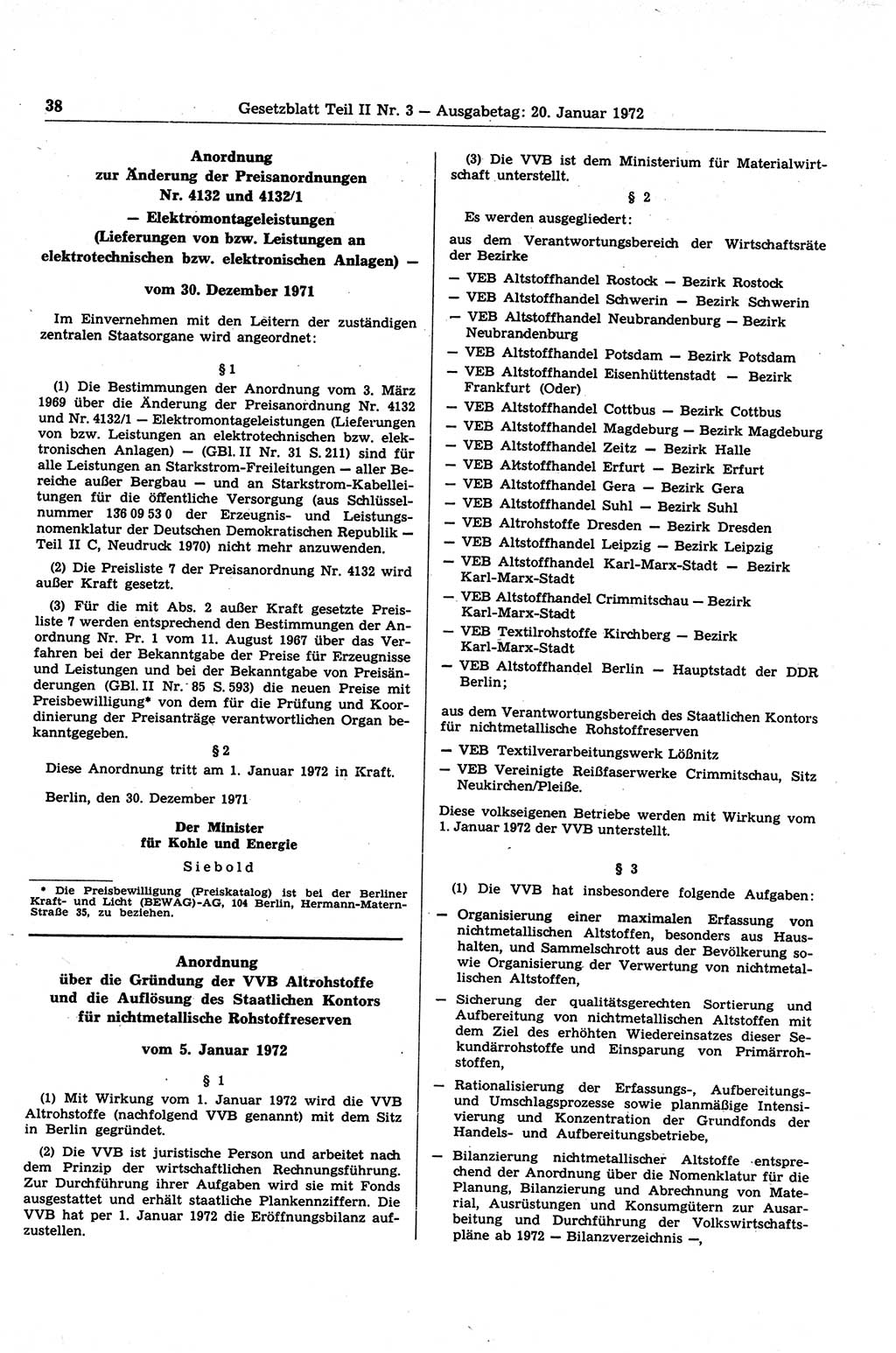 Gesetzblatt (GBl.) der Deutschen Demokratischen Republik (DDR) Teil ⅠⅠ 1972, Seite 38 (GBl. DDR ⅠⅠ 1972, S. 38)