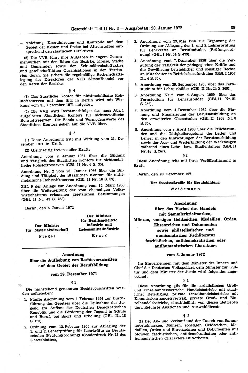 Gesetzblatt (GBl.) der Deutschen Demokratischen Republik (DDR) Teil ⅠⅠ 1972, Seite 39 (GBl. DDR ⅠⅠ 1972, S. 39)