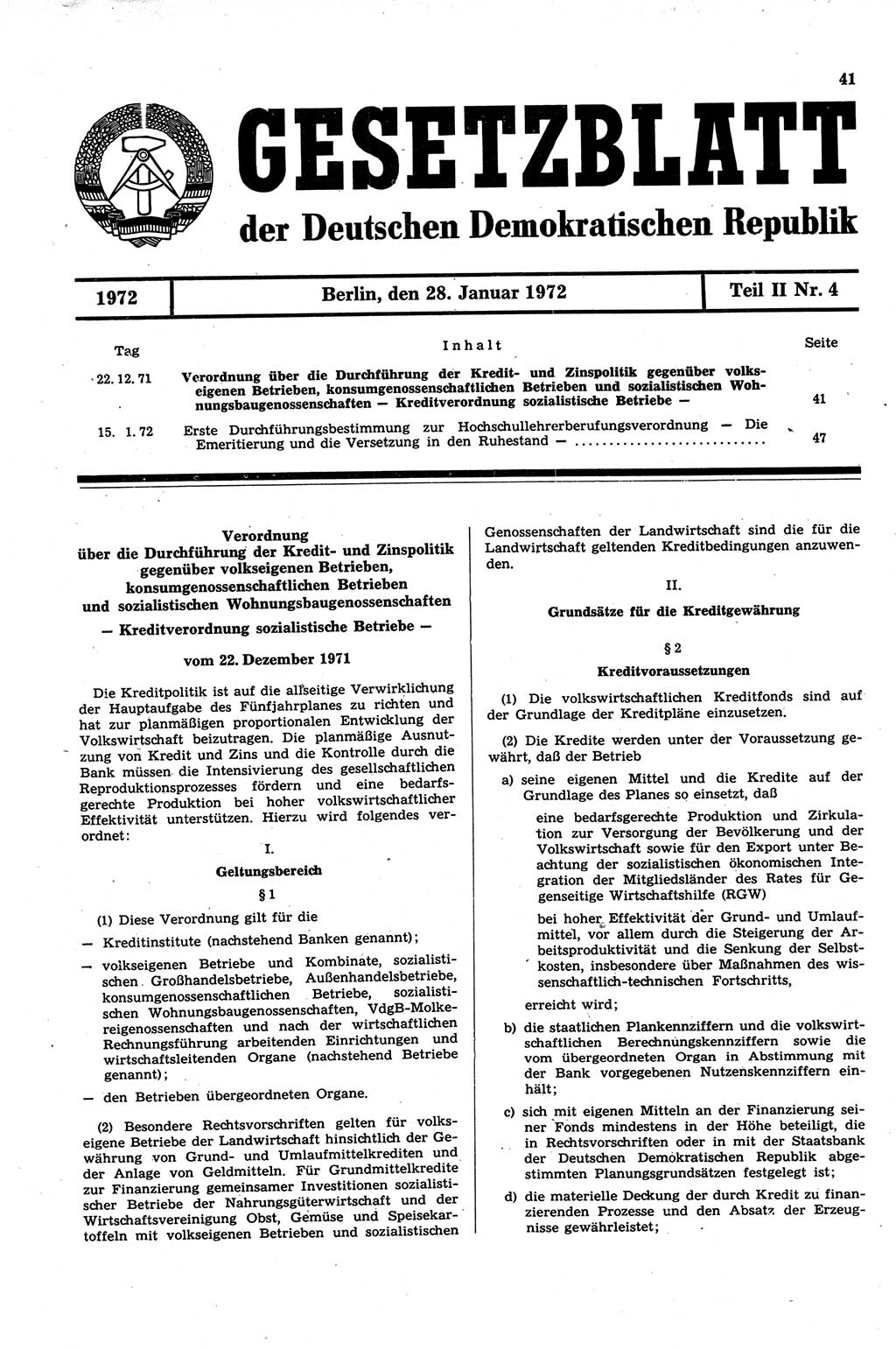 Gesetzblatt (GBl.) der Deutschen Demokratischen Republik (DDR) Teil ⅠⅠ 1972, Seite 41 (GBl. DDR ⅠⅠ 1972, S. 41)