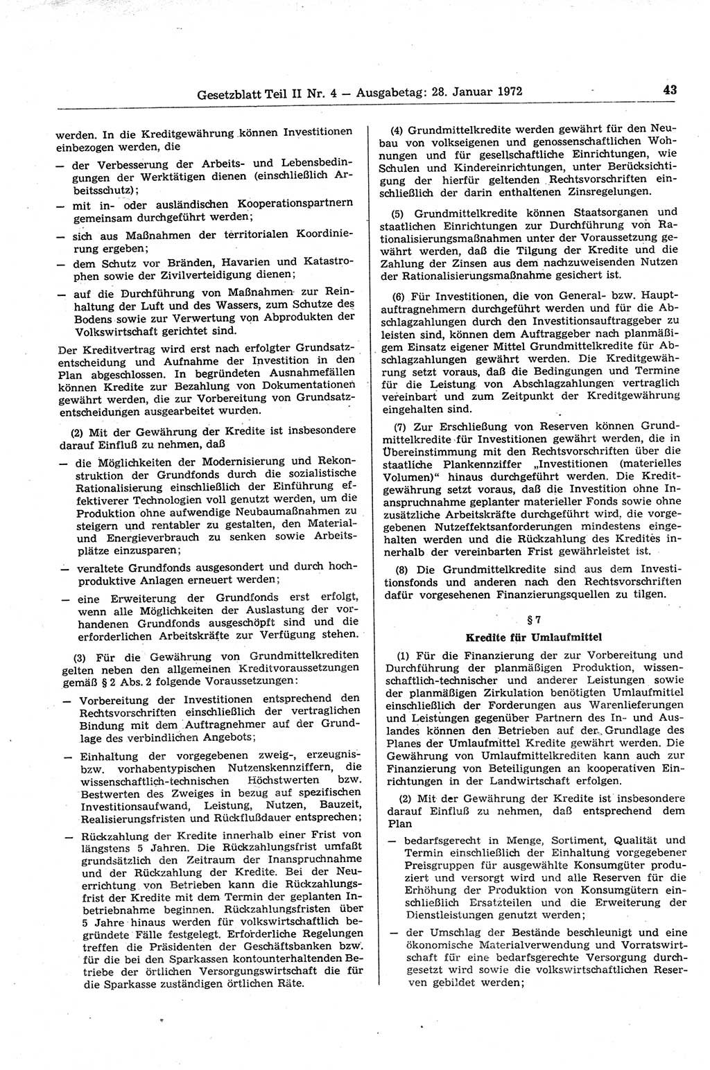Gesetzblatt (GBl.) der Deutschen Demokratischen Republik (DDR) Teil ⅠⅠ 1972, Seite 43 (GBl. DDR ⅠⅠ 1972, S. 43)