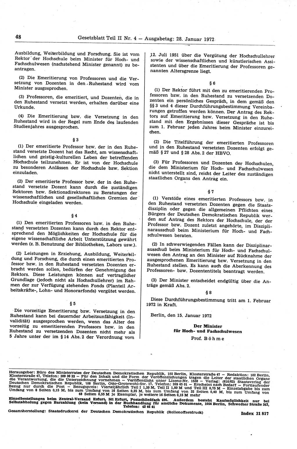 Gesetzblatt (GBl.) der Deutschen Demokratischen Republik (DDR) Teil ⅠⅠ 1972, Seite 48 (GBl. DDR ⅠⅠ 1972, S. 48)
