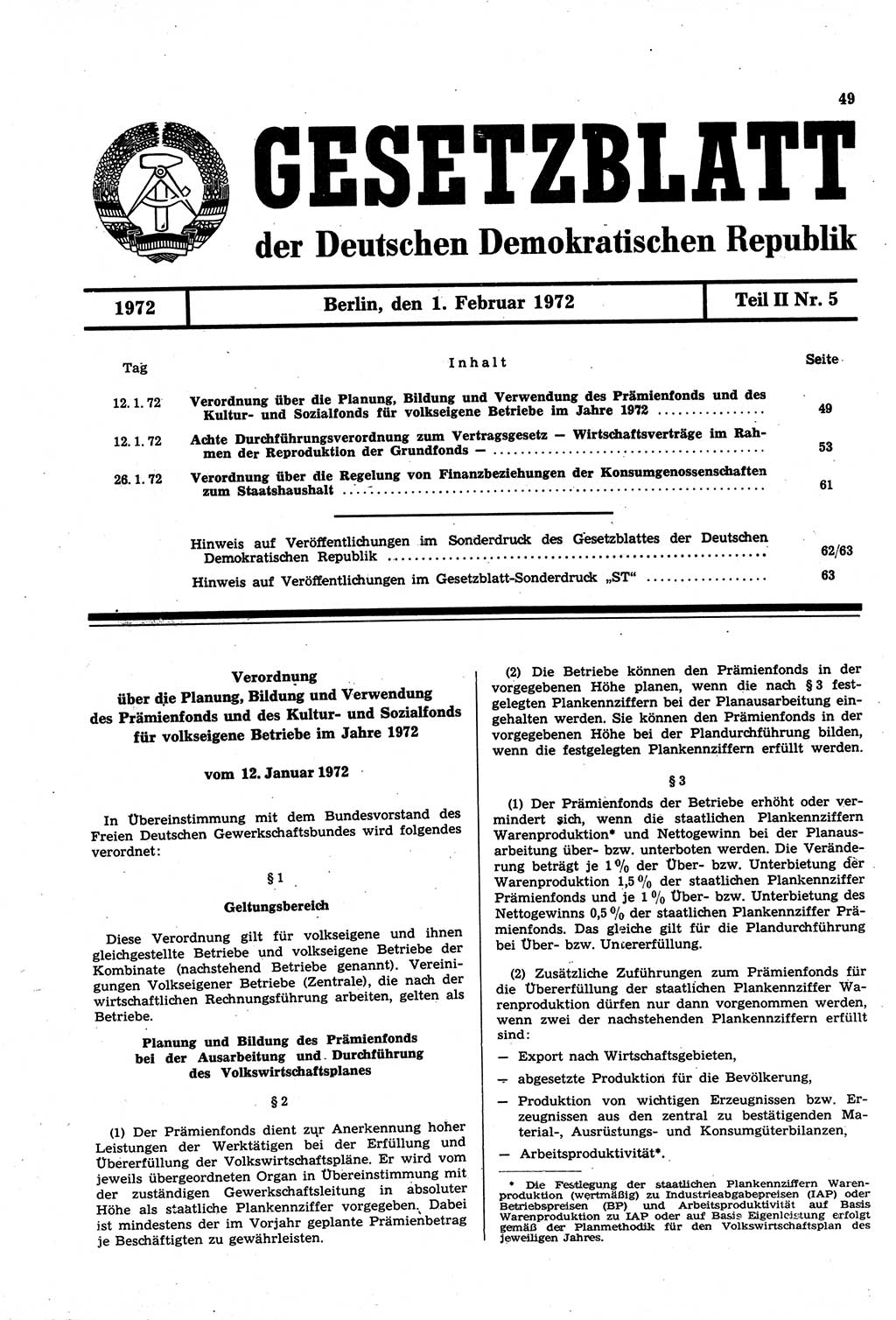 Gesetzblatt (GBl.) der Deutschen Demokratischen Republik (DDR) Teil ⅠⅠ 1972, Seite 49 (GBl. DDR ⅠⅠ 1972, S. 49)