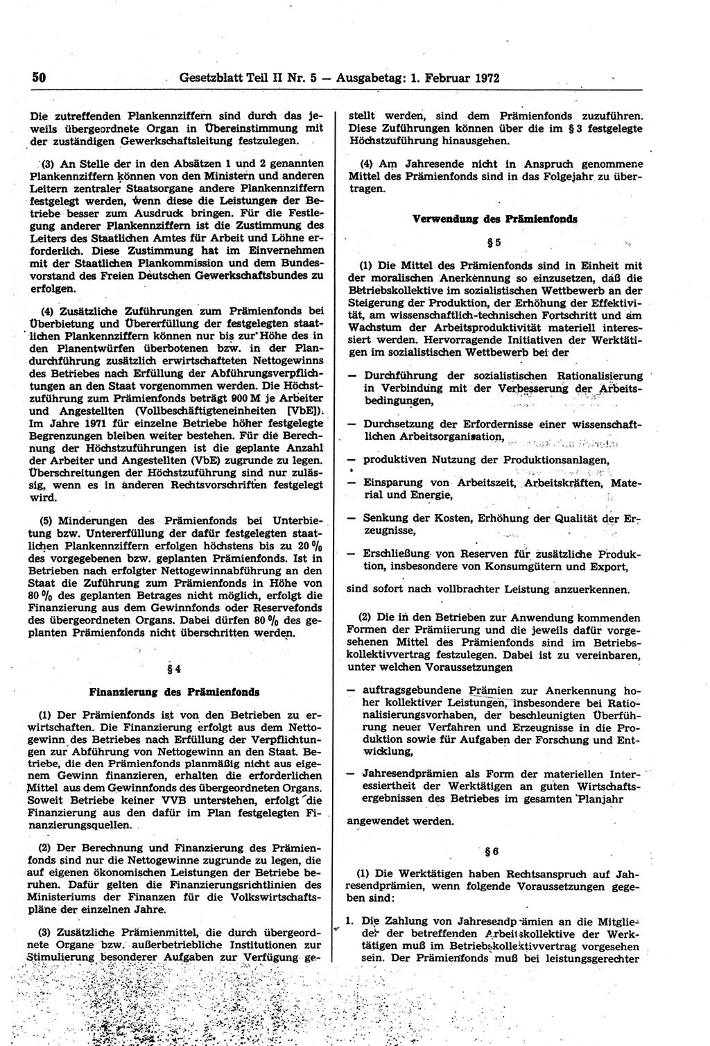 Gesetzblatt (GBl.) der Deutschen Demokratischen Republik (DDR) Teil ⅠⅠ 1972, Seite 50 (GBl. DDR ⅠⅠ 1972, S. 50)