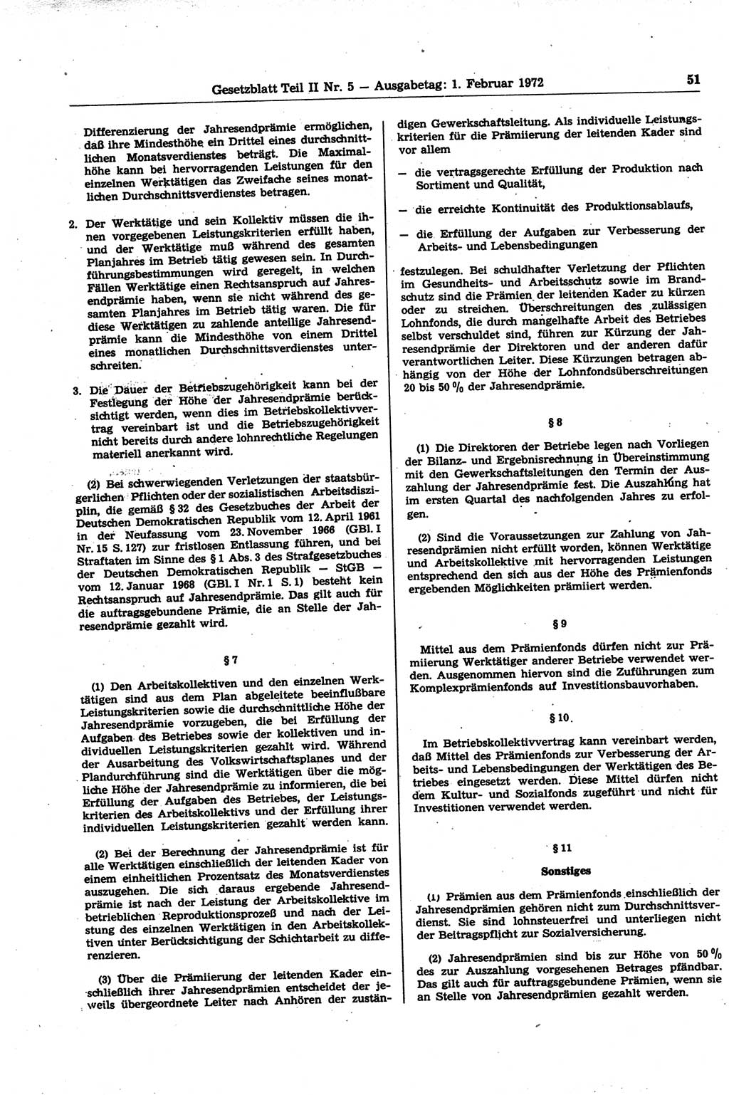 Gesetzblatt (GBl.) der Deutschen Demokratischen Republik (DDR) Teil ⅠⅠ 1972, Seite 51 (GBl. DDR ⅠⅠ 1972, S. 51)