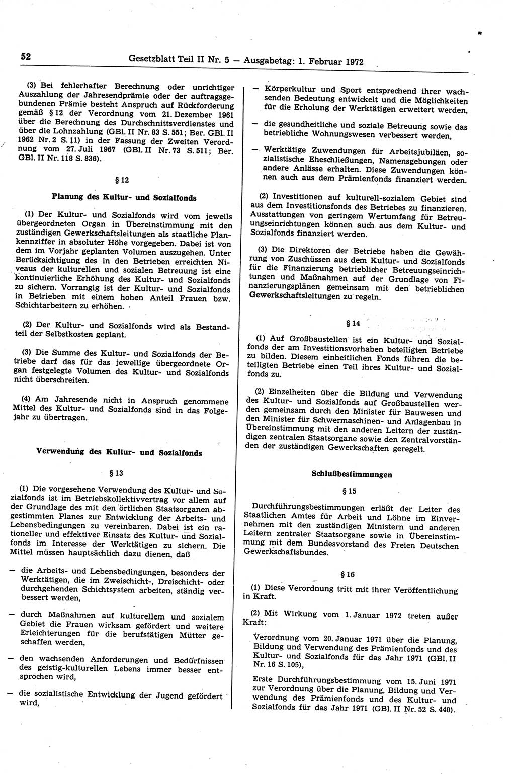 Gesetzblatt (GBl.) der Deutschen Demokratischen Republik (DDR) Teil ⅠⅠ 1972, Seite 52 (GBl. DDR ⅠⅠ 1972, S. 52)