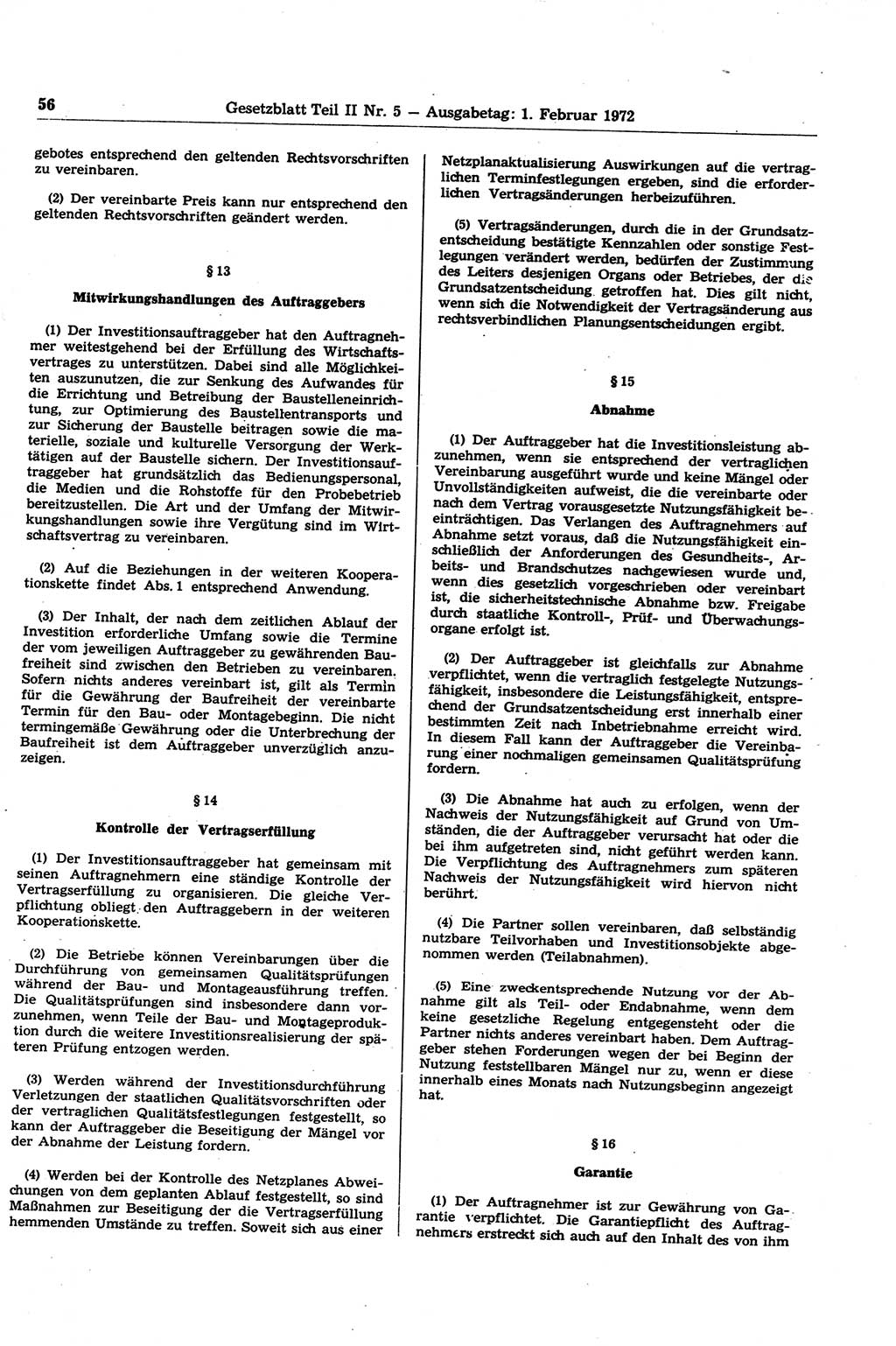 Gesetzblatt (GBl.) der Deutschen Demokratischen Republik (DDR) Teil ⅠⅠ 1972, Seite 56 (GBl. DDR ⅠⅠ 1972, S. 56)