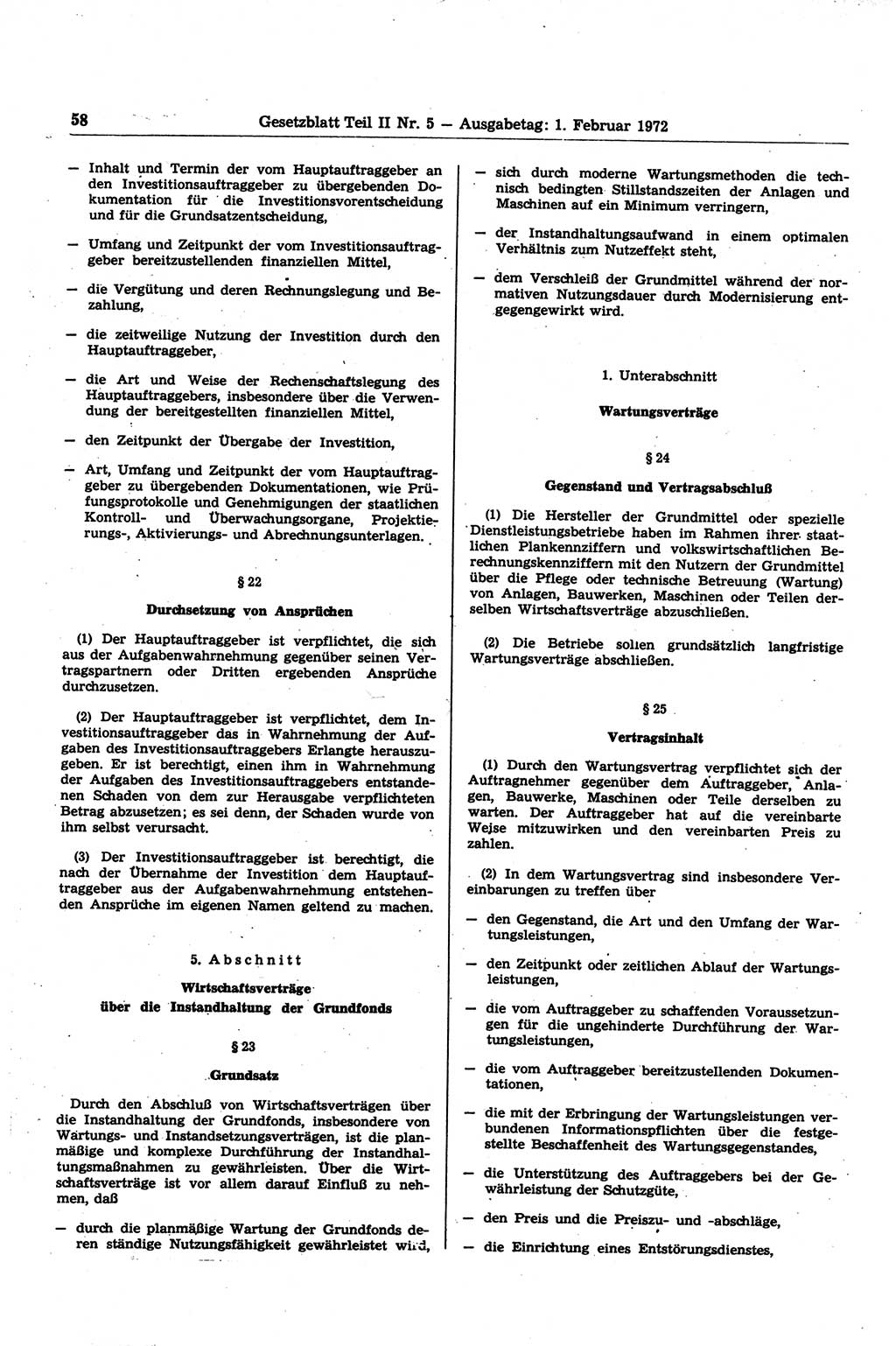 Gesetzblatt (GBl.) der Deutschen Demokratischen Republik (DDR) Teil ⅠⅠ 1972, Seite 58 (GBl. DDR ⅠⅠ 1972, S. 58)