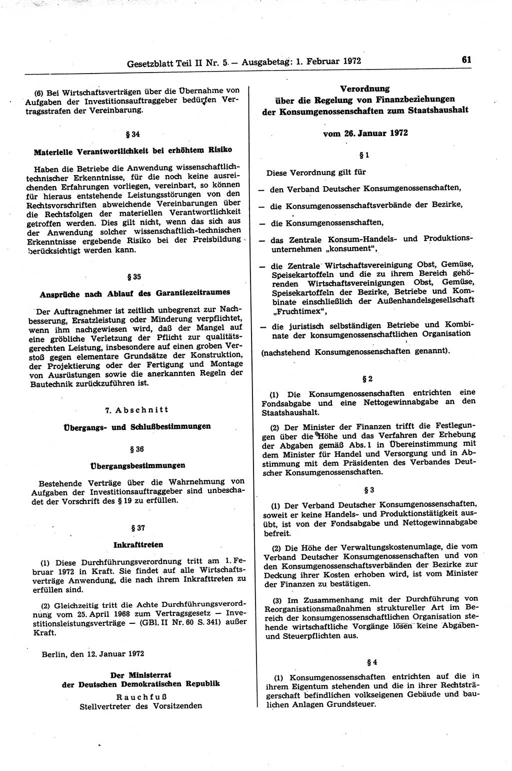 Gesetzblatt (GBl.) der Deutschen Demokratischen Republik (DDR) Teil ⅠⅠ 1972, Seite 61 (GBl. DDR ⅠⅠ 1972, S. 61)