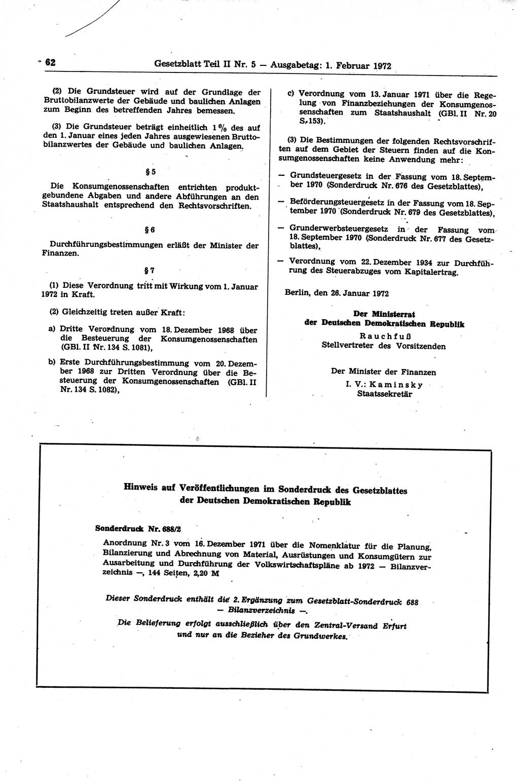 Gesetzblatt (GBl.) der Deutschen Demokratischen Republik (DDR) Teil ⅠⅠ 1972, Seite 62 (GBl. DDR ⅠⅠ 1972, S. 62)