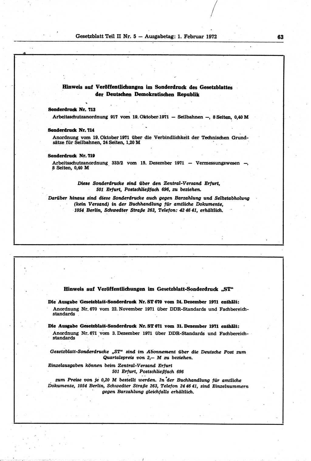 Gesetzblatt (GBl.) der Deutschen Demokratischen Republik (DDR) Teil ⅠⅠ 1972, Seite 63 (GBl. DDR ⅠⅠ 1972, S. 63)