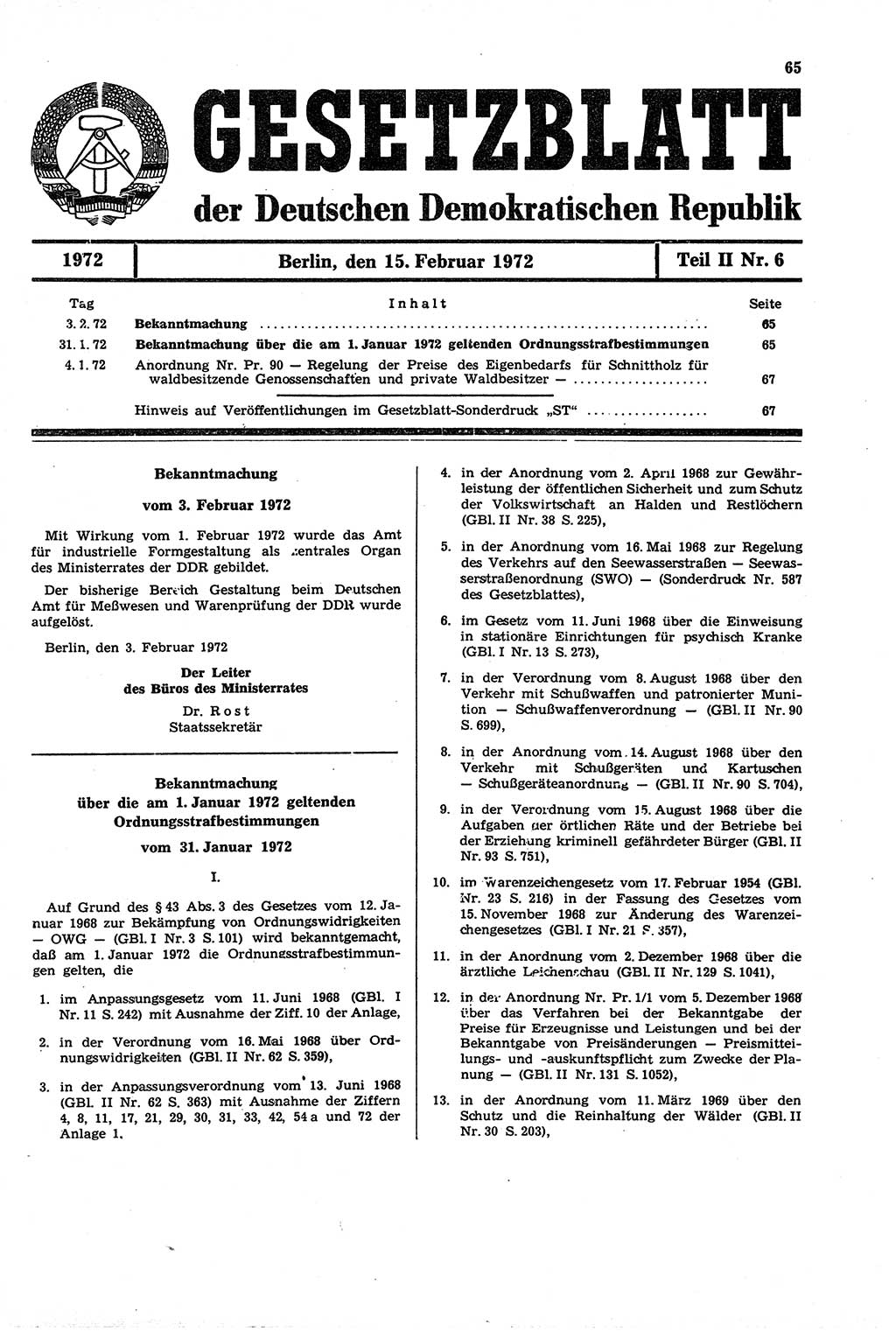 Gesetzblatt (GBl.) der Deutschen Demokratischen Republik (DDR) Teil ⅠⅠ 1972, Seite 65 (GBl. DDR ⅠⅠ 1972, S. 65)