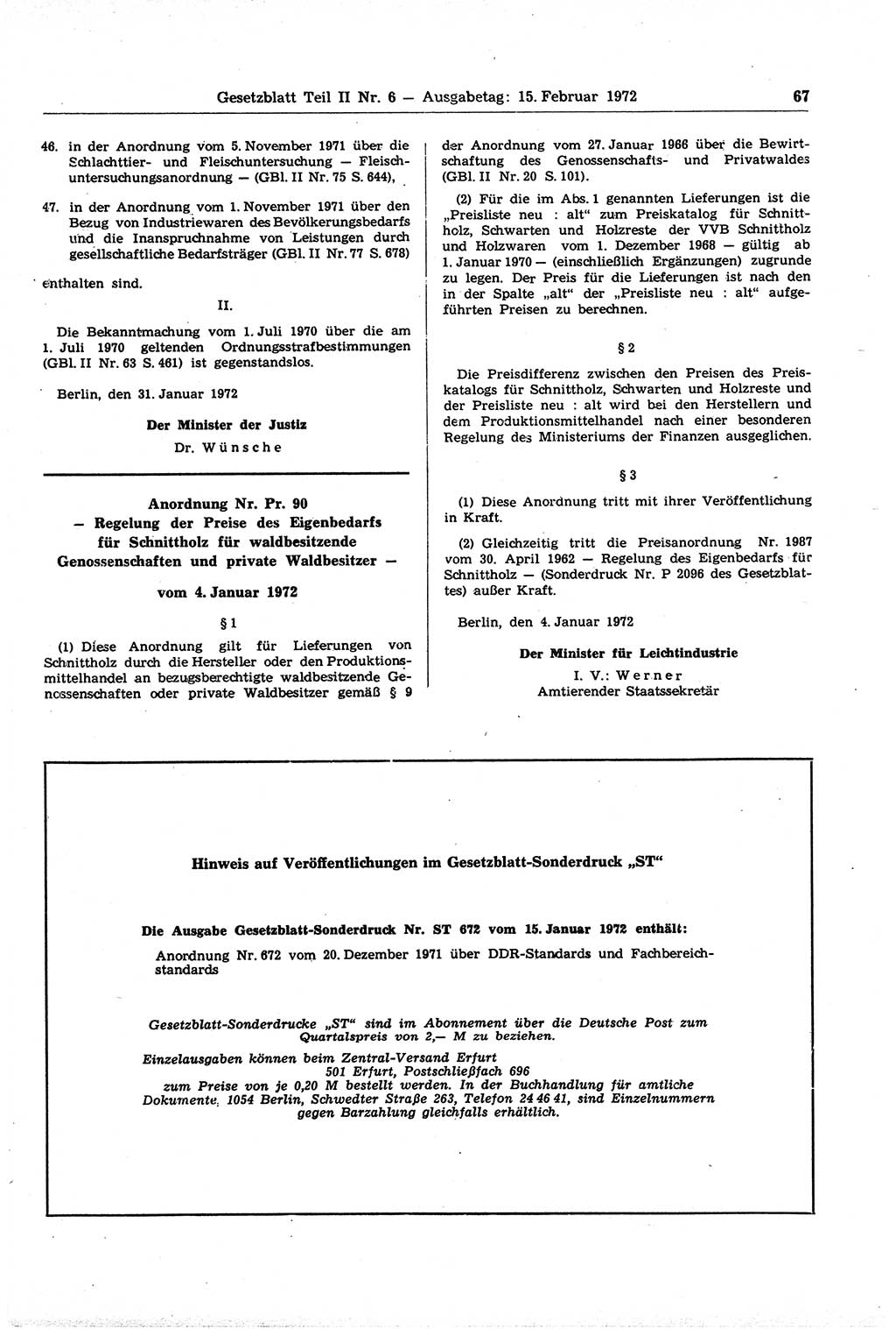 Gesetzblatt (GBl.) der Deutschen Demokratischen Republik (DDR) Teil ⅠⅠ 1972, Seite 67 (GBl. DDR ⅠⅠ 1972, S. 67)