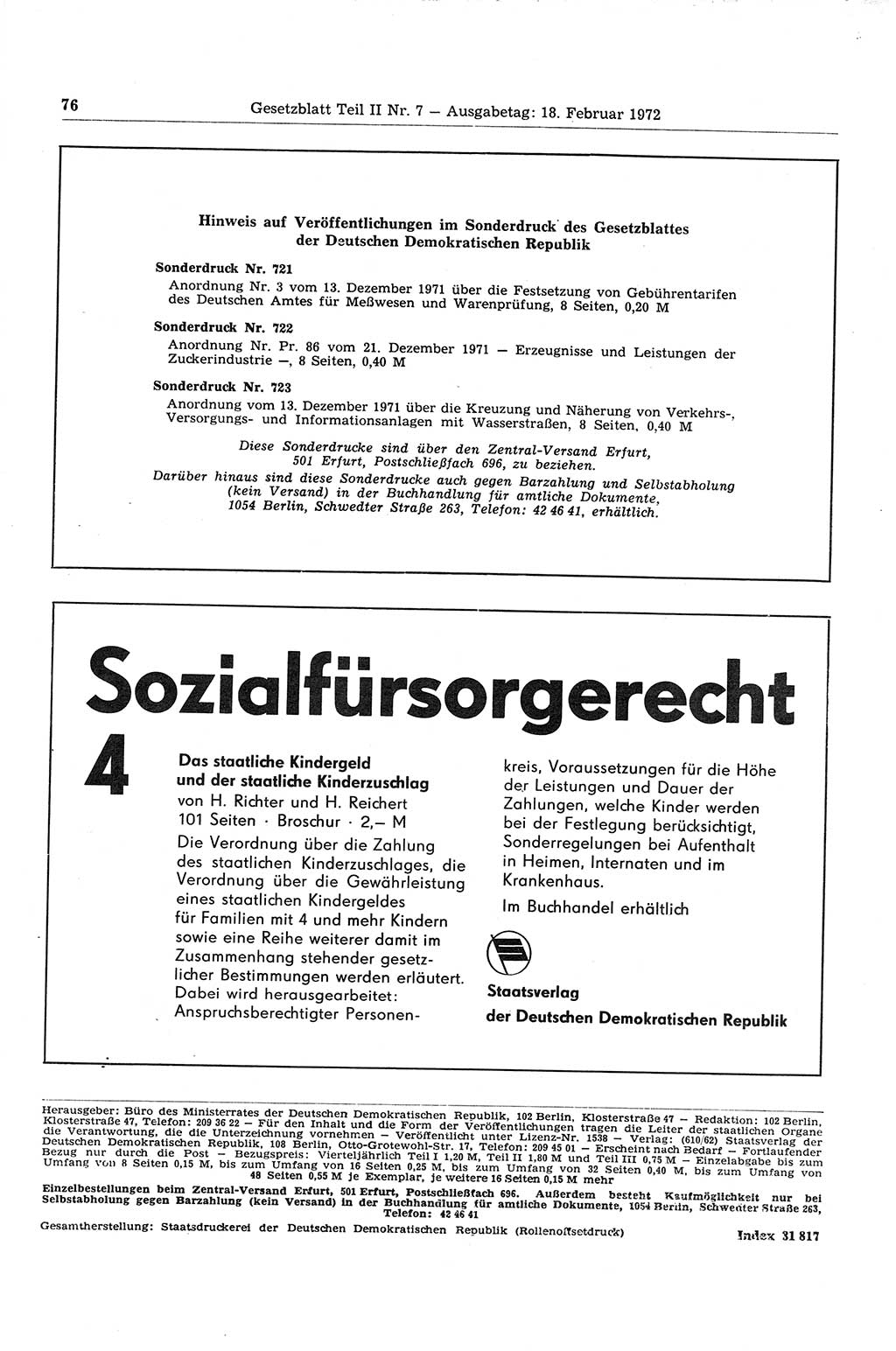 Gesetzblatt (GBl.) der Deutschen Demokratischen Republik (DDR) Teil ⅠⅠ 1972, Seite 76 (GBl. DDR ⅠⅠ 1972, S. 76)