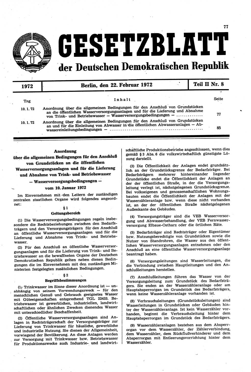 Gesetzblatt (GBl.) der Deutschen Demokratischen Republik (DDR) Teil ⅠⅠ 1972, Seite 77 (GBl. DDR ⅠⅠ 1972, S. 77)