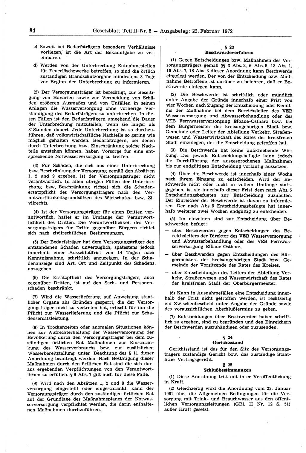 Gesetzblatt (GBl.) der Deutschen Demokratischen Republik (DDR) Teil ⅠⅠ 1972, Seite 84 (GBl. DDR ⅠⅠ 1972, S. 84)