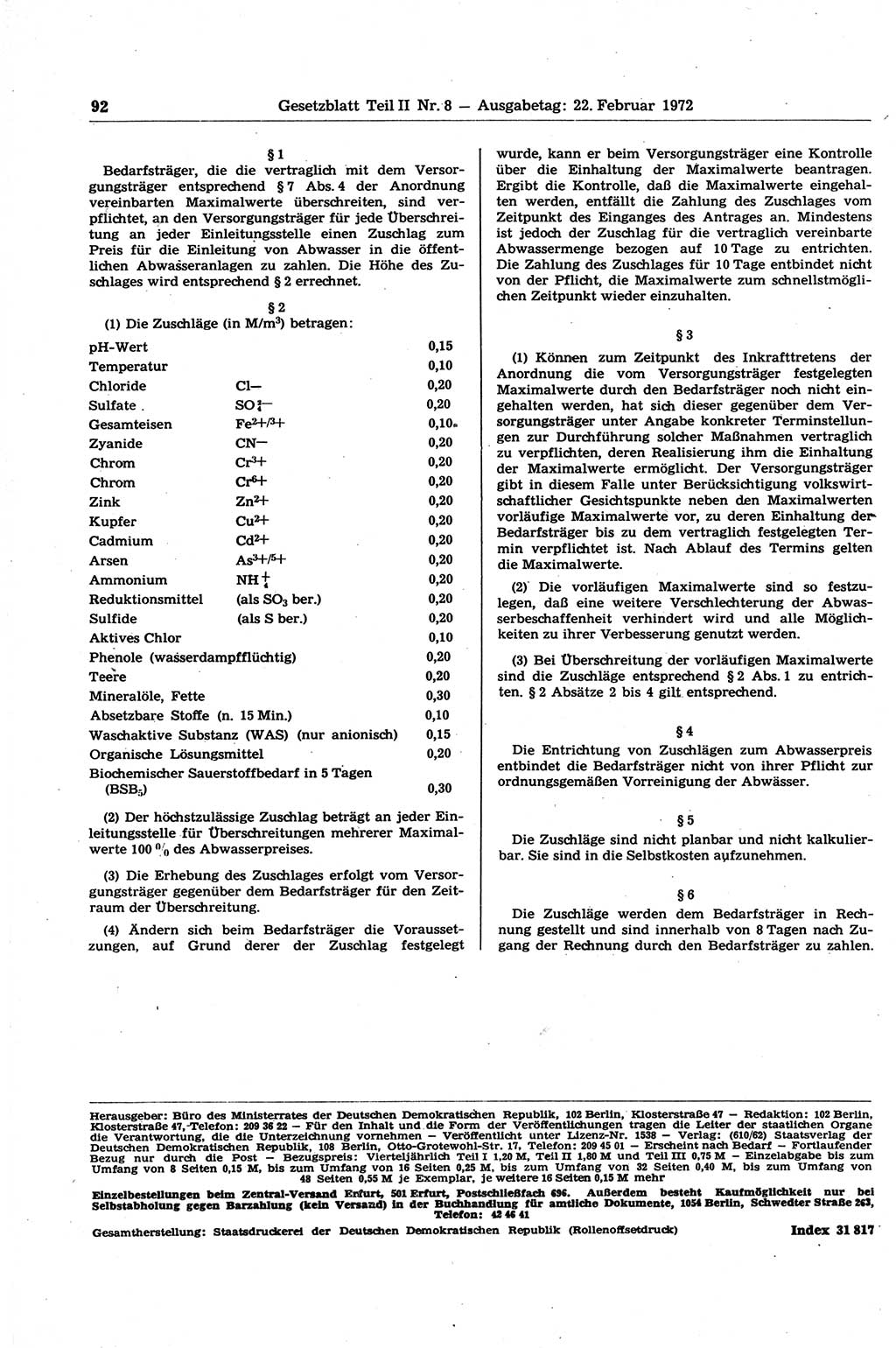 Gesetzblatt (GBl.) der Deutschen Demokratischen Republik (DDR) Teil ⅠⅠ 1972, Seite 92 (GBl. DDR ⅠⅠ 1972, S. 92)