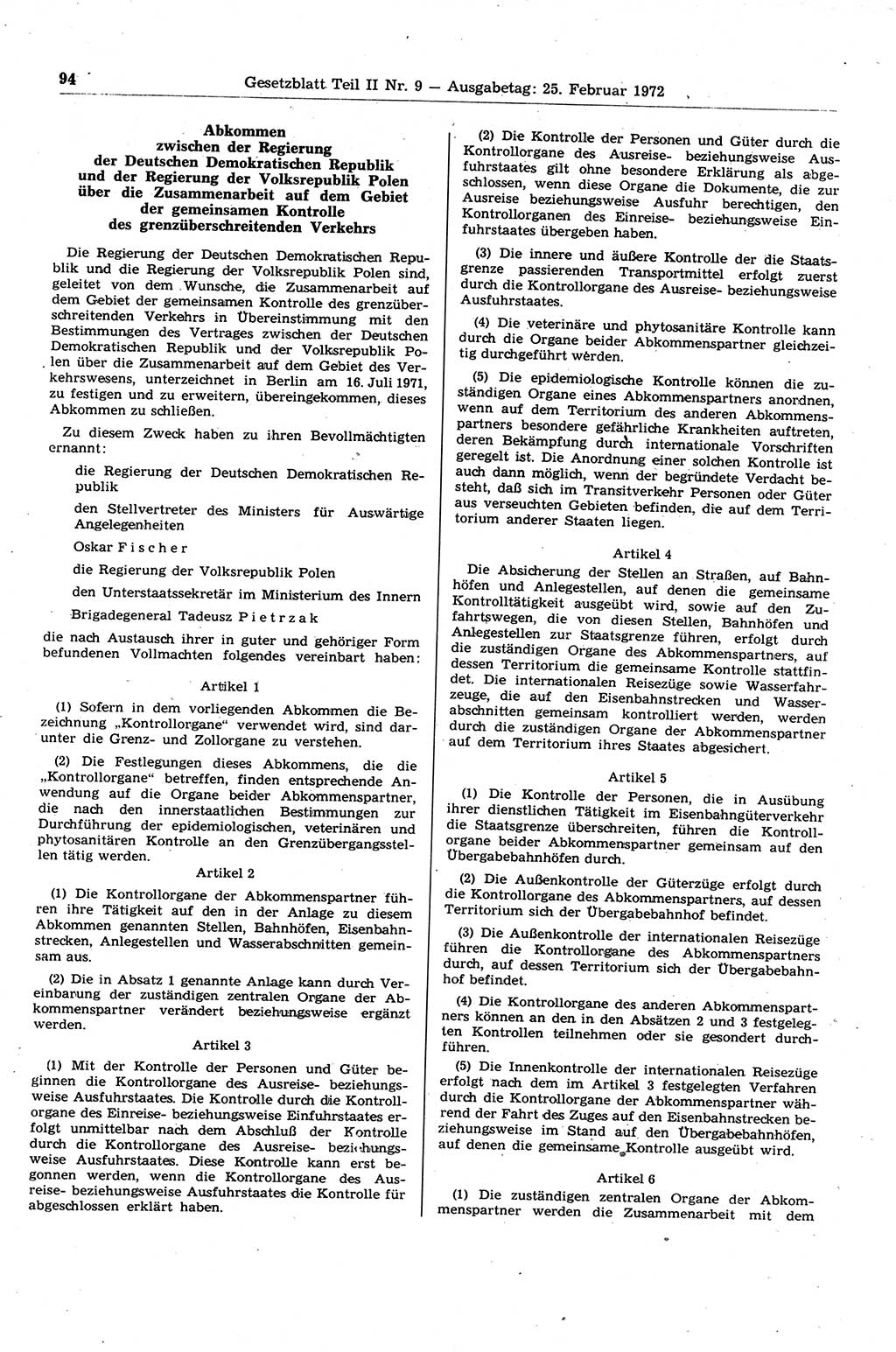 Gesetzblatt (GBl.) der Deutschen Demokratischen Republik (DDR) Teil ⅠⅠ 1972, Seite 94 (GBl. DDR ⅠⅠ 1972, S. 94)
