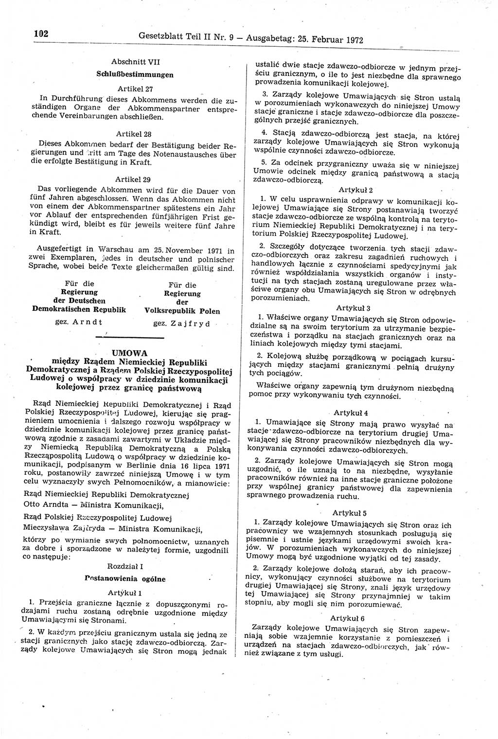 Gesetzblatt (GBl.) der Deutschen Demokratischen Republik (DDR) Teil ⅠⅠ 1972, Seite 102 (GBl. DDR ⅠⅠ 1972, S. 102)