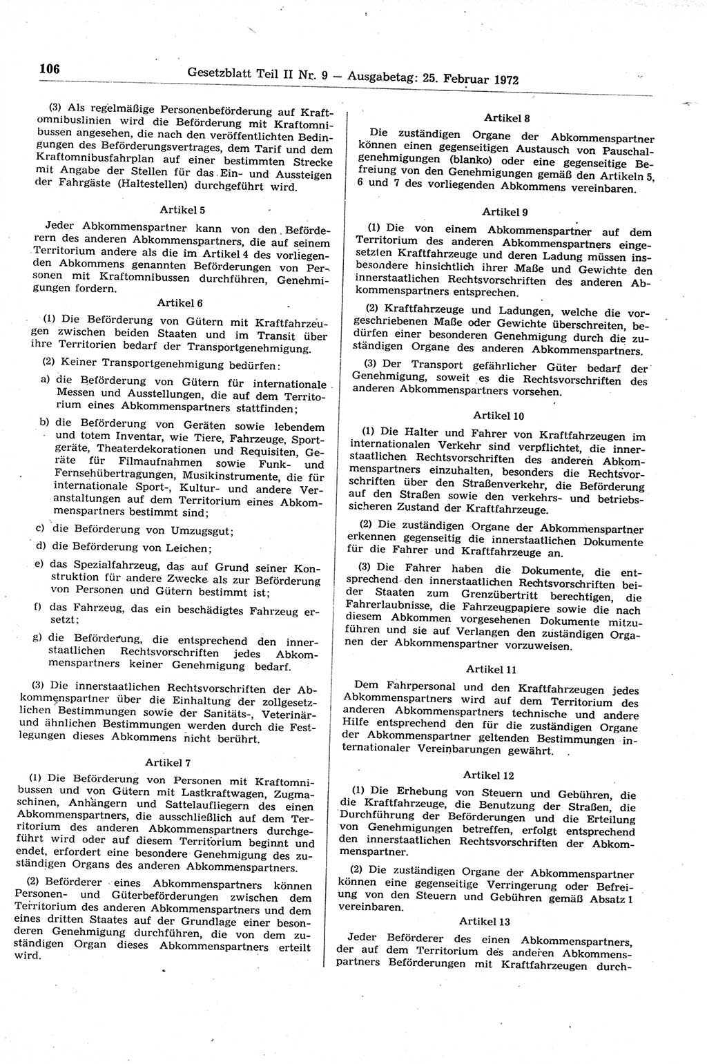 Gesetzblatt (GBl.) der Deutschen Demokratischen Republik (DDR) Teil ⅠⅠ 1972, Seite 106 (GBl. DDR ⅠⅠ 1972, S. 106)