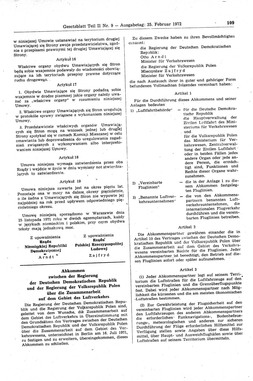 Gesetzblatt (GBl.) der Deutschen Demokratischen Republik (DDR) Teil ⅠⅠ 1972, Seite 109 (GBl. DDR ⅠⅠ 1972, S. 109)