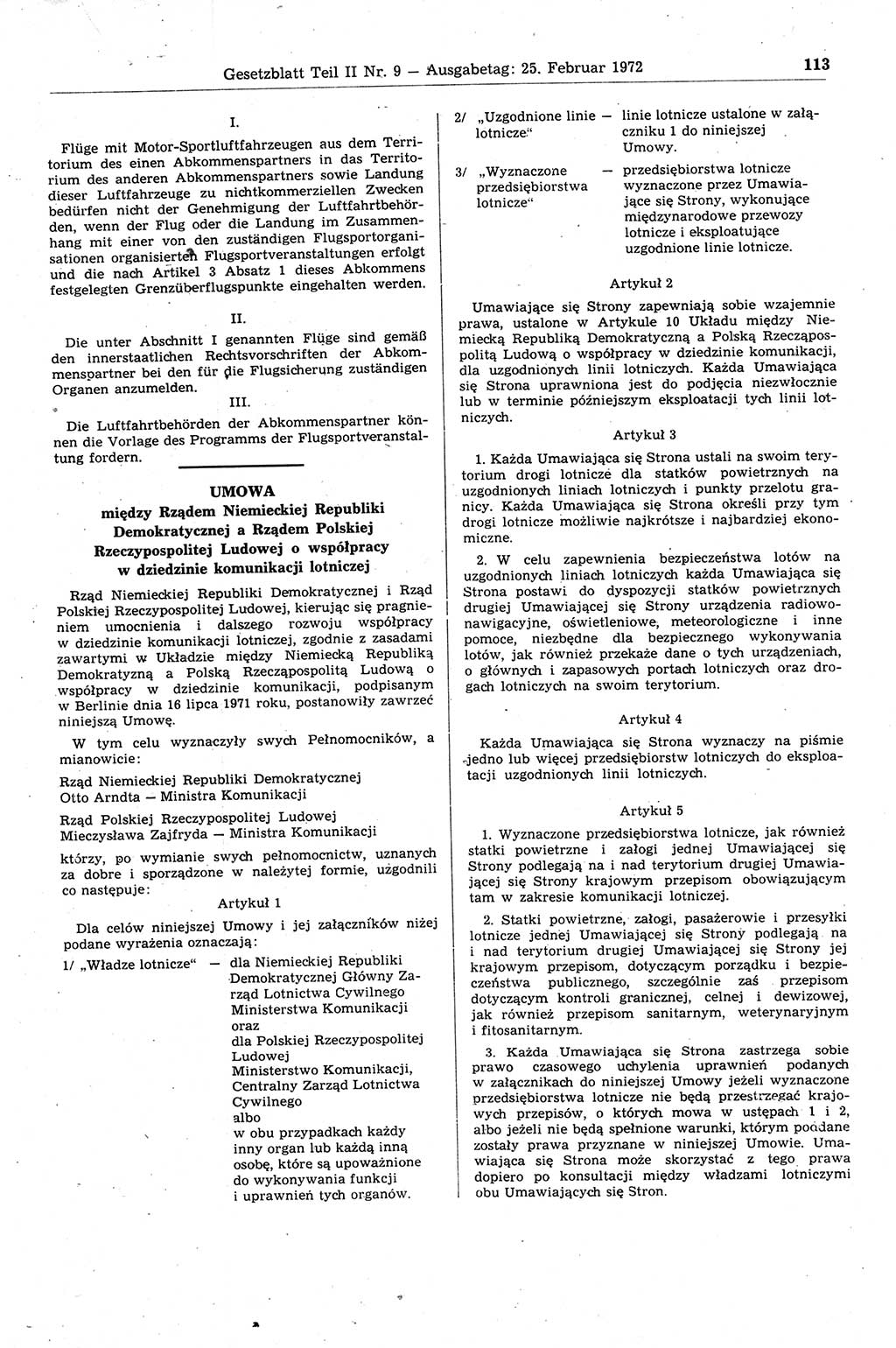 Gesetzblatt (GBl.) der Deutschen Demokratischen Republik (DDR) Teil ⅠⅠ 1972, Seite 113 (GBl. DDR ⅠⅠ 1972, S. 113)