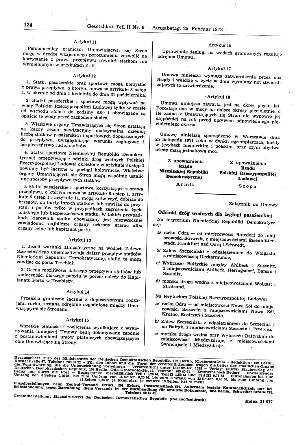 Gesetzblatt (GBl.) der Deutschen Demokratischen Republik (DDR) Teil ⅠⅠ 1972, Seite 124 (GBl. DDR ⅠⅠ 1972, S. 124)