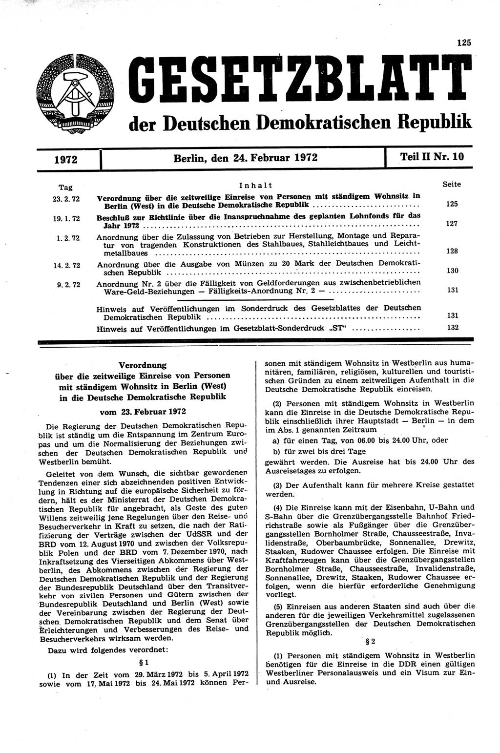 Gesetzblatt (GBl.) der Deutschen Demokratischen Republik (DDR) Teil ⅠⅠ 1972, Seite 125 (GBl. DDR ⅠⅠ 1972, S. 125)