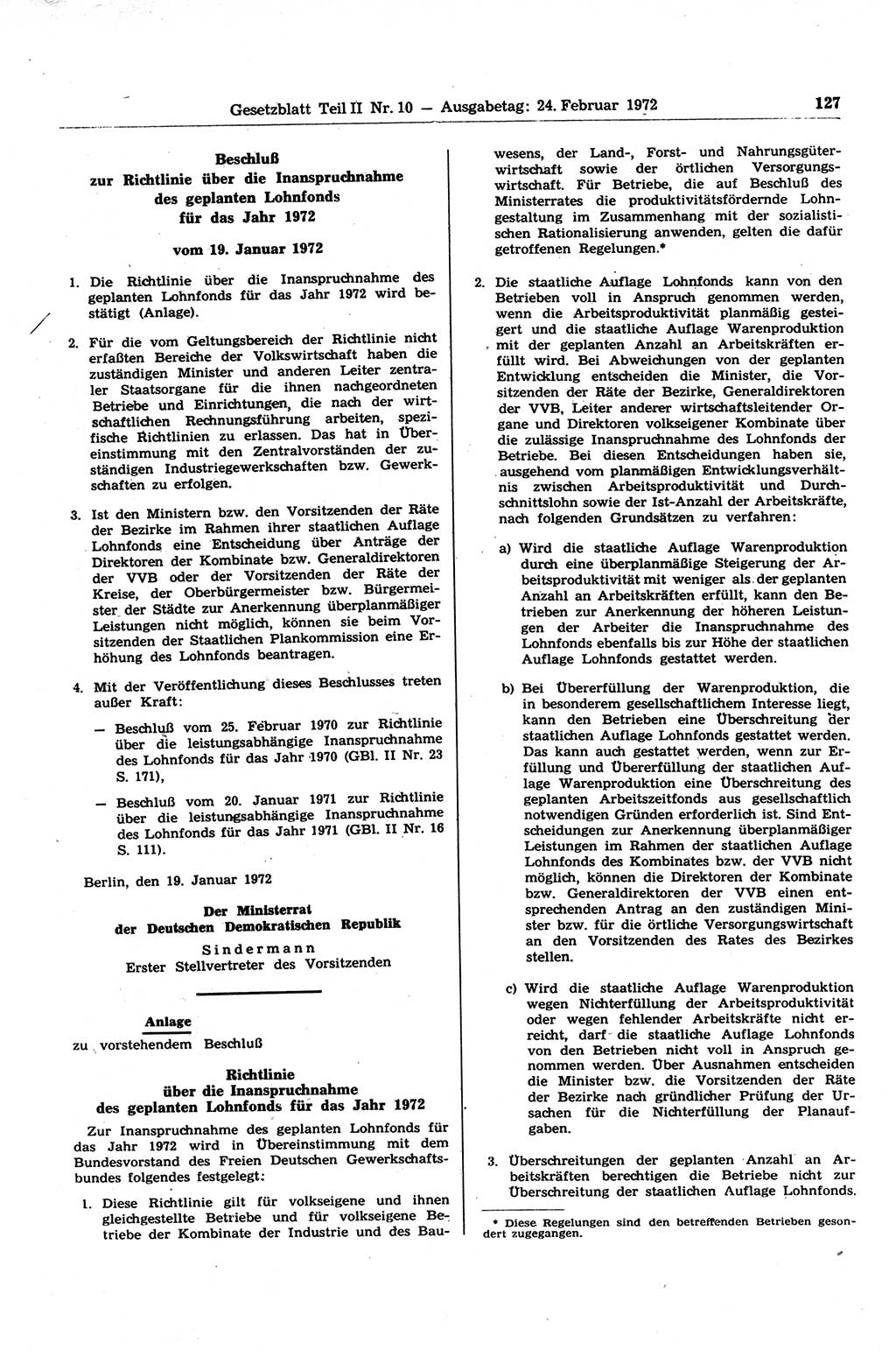 Gesetzblatt (GBl.) der Deutschen Demokratischen Republik (DDR) Teil ⅠⅠ 1972, Seite 127 (GBl. DDR ⅠⅠ 1972, S. 127)