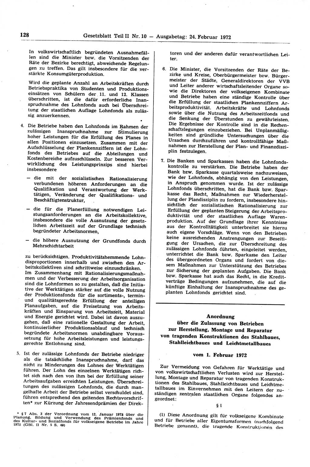 Gesetzblatt (GBl.) der Deutschen Demokratischen Republik (DDR) Teil ⅠⅠ 1972, Seite 128 (GBl. DDR ⅠⅠ 1972, S. 128)