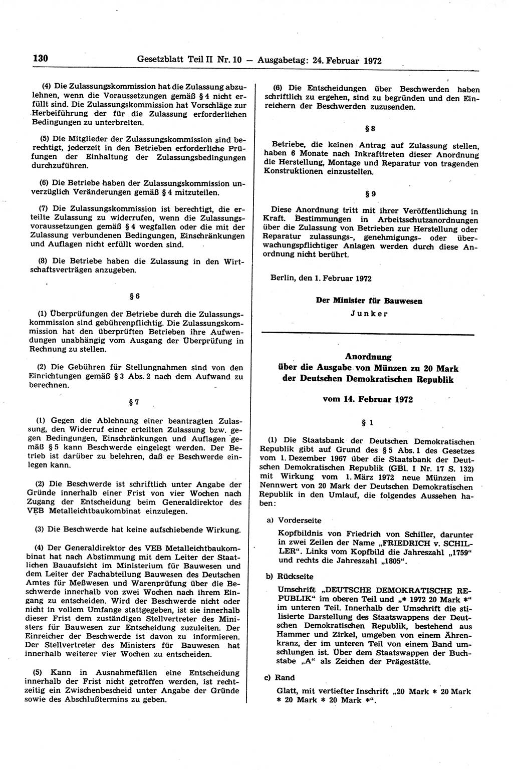 Gesetzblatt (GBl.) der Deutschen Demokratischen Republik (DDR) Teil ⅠⅠ 1972, Seite 130 (GBl. DDR ⅠⅠ 1972, S. 130)