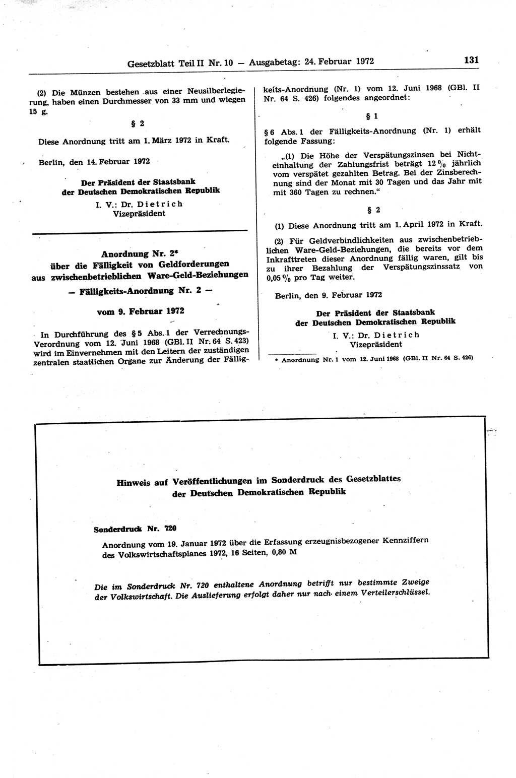 Gesetzblatt (GBl.) der Deutschen Demokratischen Republik (DDR) Teil ⅠⅠ 1972, Seite 131 (GBl. DDR ⅠⅠ 1972, S. 131)