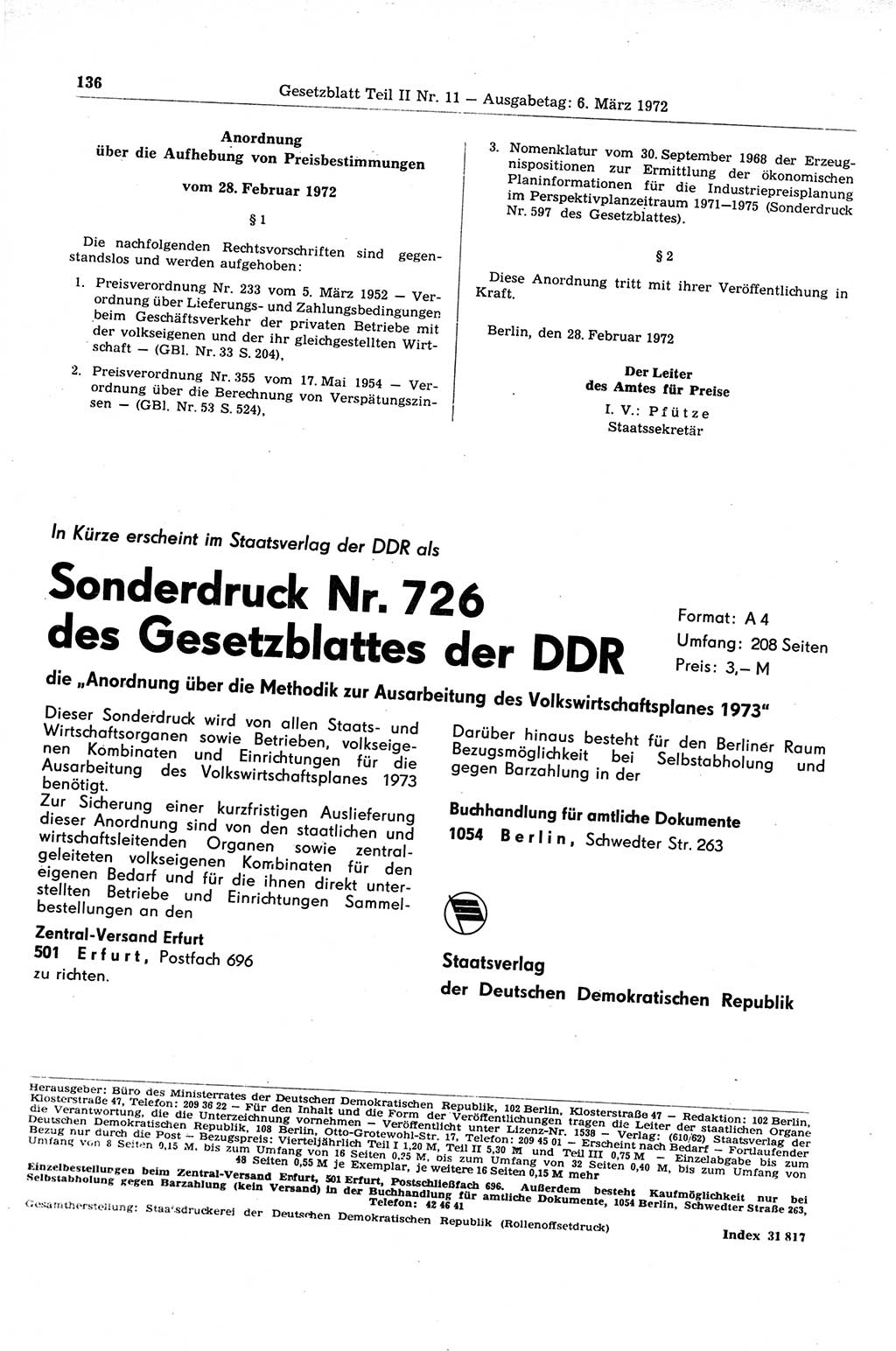 Gesetzblatt (GBl.) der Deutschen Demokratischen Republik (DDR) Teil ⅠⅠ 1972, Seite 136 (GBl. DDR ⅠⅠ 1972, S. 136)