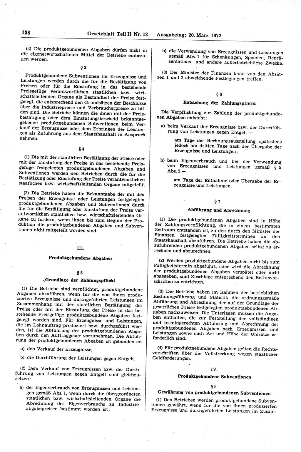Gesetzblatt (GBl.) der Deutschen Demokratischen Republik (DDR) Teil ⅠⅠ 1972, Seite 138 (GBl. DDR ⅠⅠ 1972, S. 138)
