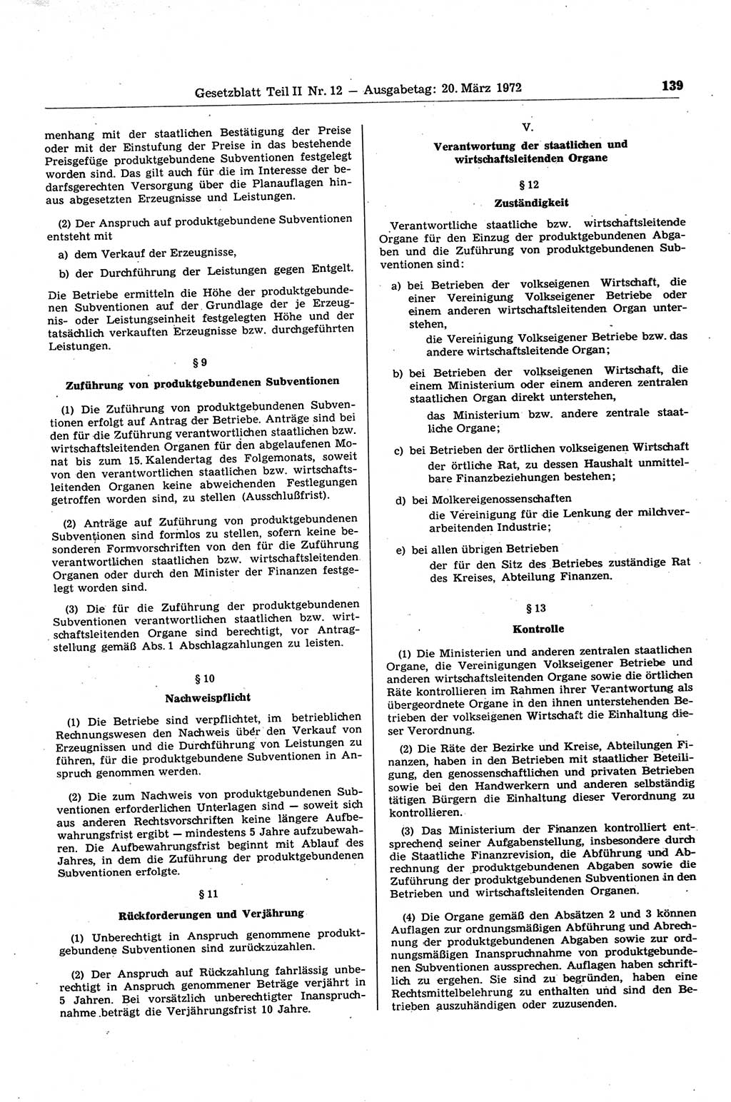 Gesetzblatt (GBl.) der Deutschen Demokratischen Republik (DDR) Teil ⅠⅠ 1972, Seite 139 (GBl. DDR ⅠⅠ 1972, S. 139)