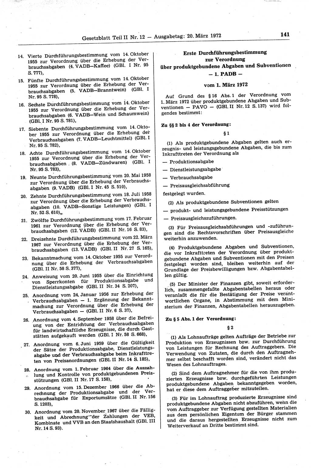Gesetzblatt (GBl.) der Deutschen Demokratischen Republik (DDR) Teil ⅠⅠ 1972, Seite 141 (GBl. DDR ⅠⅠ 1972, S. 141)